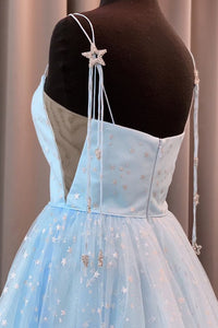 Charming A Line Spaghetti Straps Blue Tulle Prom Dresses with Stars, Dance Dresses SJS15503