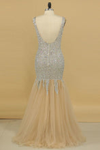 Load image into Gallery viewer, V Neck Prom Dresses Open Back Beaded Bodice Mermaid Tulle Floor Length