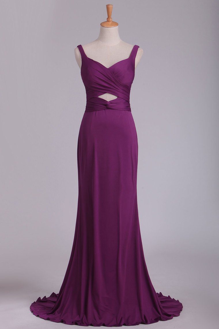 Grape Prom Dresses Straps Open Back Spandex With Ruffles Sweep Train