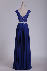 Two Pieces Scoop With Beading Prom Dresses A Line Floor Length Dark Royal Blue