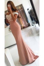 Load image into Gallery viewer, Elastic Satin Off The Shoulder Mermaid With Applique Sweep Train Prom Dresses