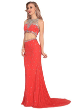 Load image into Gallery viewer, Boat Neck Lace With Beading&amp;Rhinestones Mermaid Sweep Train Prom Dresses