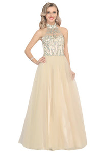 A-Line Halter Prom Dress Floor-Length Tulle With Beads&Rhinestones