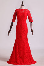 Load image into Gallery viewer, Bateau Mid-Length Sleeve Prom Dresses Sheath Lace Floor Length