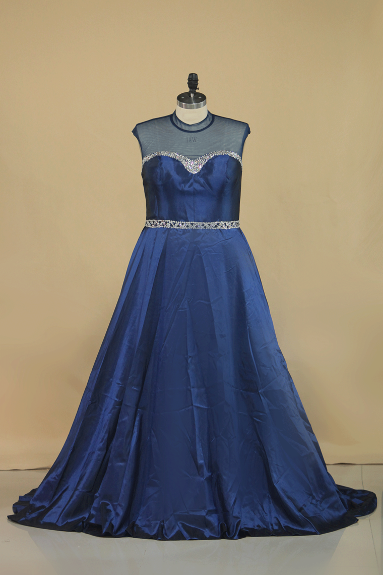 Plus Size High Neck Backless Prom Dresses With Beading Floor Length Taffeta
