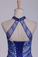 Dark Royal Blue Halter Quinceanera Dresses Ball Gown Tulle With Beads & Rhinestones