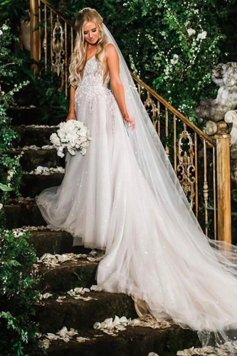 Elegant A Line Illusion Beads V Neck Tulle Long Backless Wedding Dresses Prom SJSP8CG9KC9