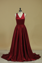 Load image into Gallery viewer, Red V Neck Evening Dresses A Line Sweep Train  With Slit &amp; Ruffles