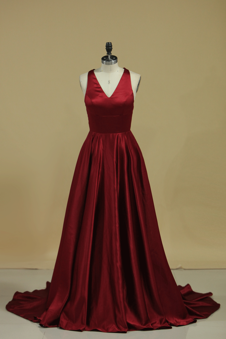 Red V Neck Evening Dresses A Line Sweep Train  With Slit & Ruffles