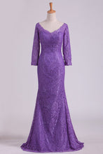 Load image into Gallery viewer, Purple Mother Of The Bride Dresses V Neck 3/4 Length Sleeve Mermaid Lace Floor Length