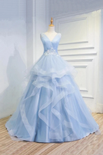 Load image into Gallery viewer, Puffy V Neck Sleeveless Tulle Prom Dress With Appliques Quinceanera SJSP4EM4EZY