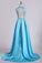 Scoop Beaded Bodice Open Back A Line Satin Prom Dresses