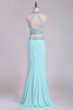 Load image into Gallery viewer, Two-Piece Halter Beaded Bodice Open Back Prom Dresses Spandex Sheath