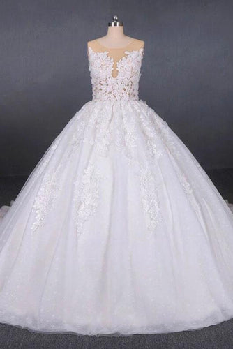 Princess Ball Gown Sheer Neck White Wedding Dresses Lace Appliqued Bridal Dresses SJS15293