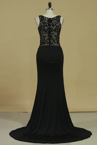 Prom Dresses Sheath/Column Spaghetti Straps With Beading And Applique Spandex & Tulle