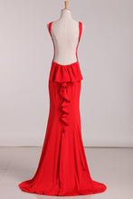 Load image into Gallery viewer, Open Back Evening Dresses Scoop Mermaid Red Sweep Train