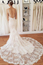 Load image into Gallery viewer, Elegant Spaghetti Straps Mermaid V Neck Lace Wedding Dresses Beach Bridal Dresses SJS15202