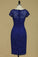 Dark Royal Blue Evening Dresses Off The Shoulder With Applique Lace Knee-Length