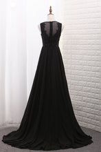 Load image into Gallery viewer, New Arrival Scoop A Line Prom Dresses With Applique And Slit