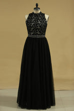Load image into Gallery viewer, A Line High Neck Prom Dresses Tulle With Beading Floor Length