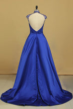 Load image into Gallery viewer, Sexy Open Back High Neck A Line Prom Dresses With Beading