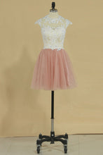 Load image into Gallery viewer, Tulle High Neck With Applique Homecoming Dresses A Line