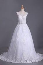 Load image into Gallery viewer, A Line Cap Sleeve Scoop Tulle Wedding Dresses With Applique And Sash