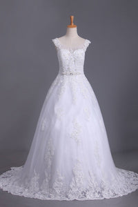 A Line Cap Sleeve Scoop Tulle Wedding Dresses With Applique And Sash