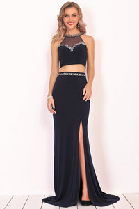 Two-Piece Scoop Spandex Prom Dresses Mermaid With Beading