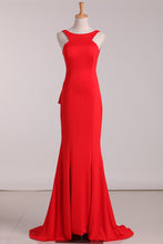 Load image into Gallery viewer, Open Back Evening Dresses Scoop Mermaid Red Sweep Train