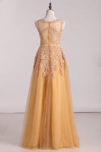 Prom Dresses Scoop A Line Tulle With Applique Floor Length