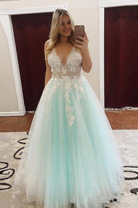 Charming Ball Gown V Neck Tulle Lace Appliques Prom Dresses, Evening SJS20397