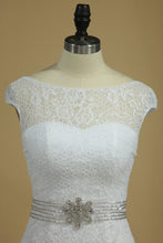 Load image into Gallery viewer, Scoop Cap Sleeves Mermaid Wedding Dresses Beaded Waistband Lace