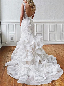 Stunning Mermaid Lace V Neck Backless Wedding Dresses Straps Wedding Gowns SJS15438