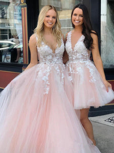 Charming Ball Gown V Neck Tulle Lace Appliques Prom Dresses, Evening SJS15625