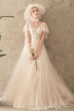 Load image into Gallery viewer, Unique Tulle Lace Long Wedding Dress Ivory Short Sleeves Lace Up Back Bridal SJSPK2YQ77B