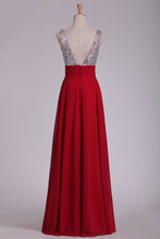 Load image into Gallery viewer, Prom Dresses V Neck Chiffon With Beading A Line Sweep Train