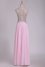 Load image into Gallery viewer, Halter A Line Prom Dresses Beaded Bodice Chiffon Floor Length