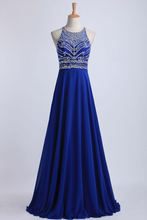 Load image into Gallery viewer, Halter A-Line/Princess Prom Dresses Tulle And Chiffon Dark Royal Blue Sweep Train