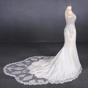 Spaghetti Straps Mermaid Wedding Dress with Lace, V-neck Wedding Dresses SJS15418