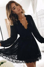 Load image into Gallery viewer, Chic Black Deep V Neck Long Sleeves Lace Homecoming Dress, Black Short Prom Gowns SJS14968