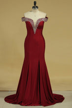 Load image into Gallery viewer, Evening Dresses Mermaid Off The Shoulder Spandex With Beads And Slit