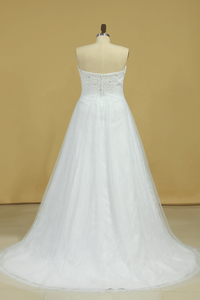 Plus Size Sweetheart Beaded Bust Empire Waist A Line Wedding Dress Chapel Train Tulle With Lace