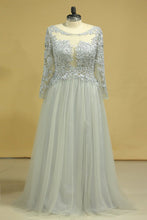 Load image into Gallery viewer, Long Sleeves Prom Dresses Bateau With Slit &amp; Embroidery Tulle Floor Length Plus Size