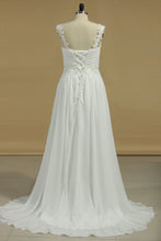 Load image into Gallery viewer, Chiffon Straps A Line Wedding Dresses With Applique And Beads Lace Up
