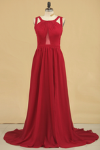 Load image into Gallery viewer, A Line Scoop Chiffon Bridesmaid Dresses Burgundy/Maroon Sweep Train