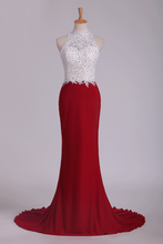 Load image into Gallery viewer, High Neck Sheath Spandex Prom Dresses With Applique And Beads Open Back
