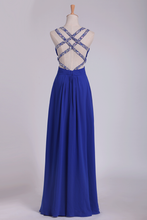 Load image into Gallery viewer, A Line Prom Dresses Spaghetti Straps Chiffon With Ruffles And Beads Open Back