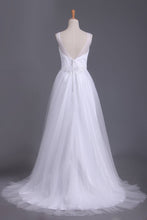 Load image into Gallery viewer, A Line V Neck Open Back Wedding Dresses Tulle With Ruffles And Handmade Flowers
