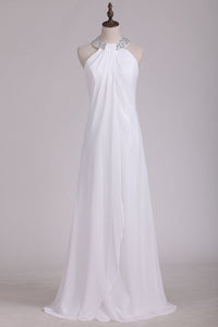 White Halter Bridesmaid Dresses With Beading Floor Length Chiffon
